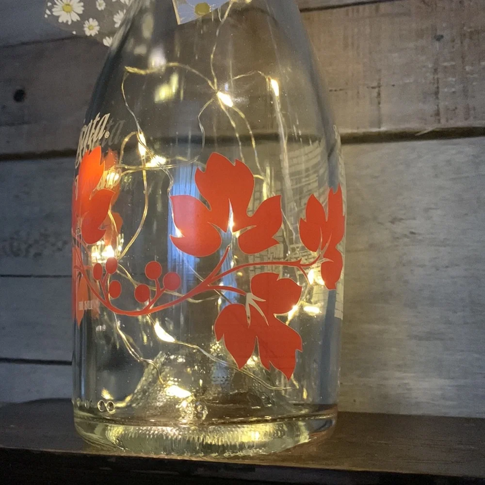 Hand Crafted wine Bottle Lantern with painted Orange Floral Design